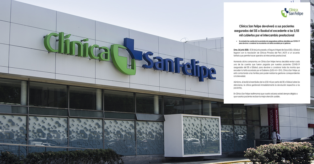 Clínica San Felipe devolverá dinero excedente a los S/55 mil a pacientes COVID19 asegurados