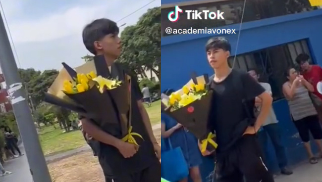 ¡El último romántico! Joven espera con tulipanes que su pareja culmine ...