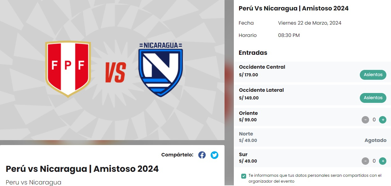 Precio de las entradas para el partido amistoso entre Perú vs. Nicaragua.