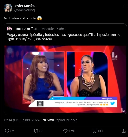 Reacción de Javier Masías sobre la discusión de Magaly Medina y Tilsa Lozano.