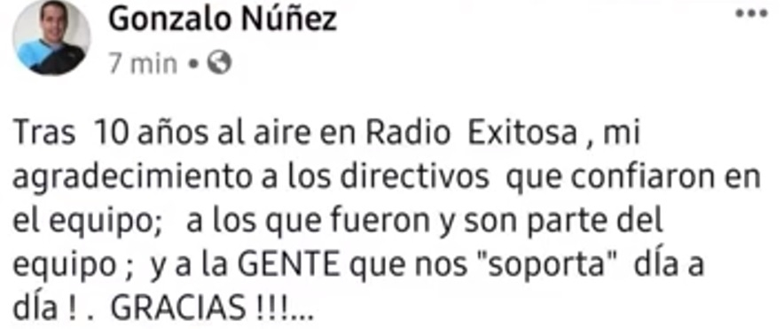 Publicación que alertó a los seguidores de Gonzalo Núñez.