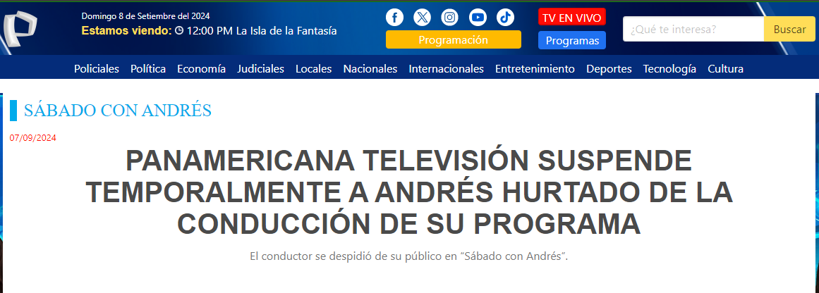 Panamericana TV suspende a Andrés Hurtado