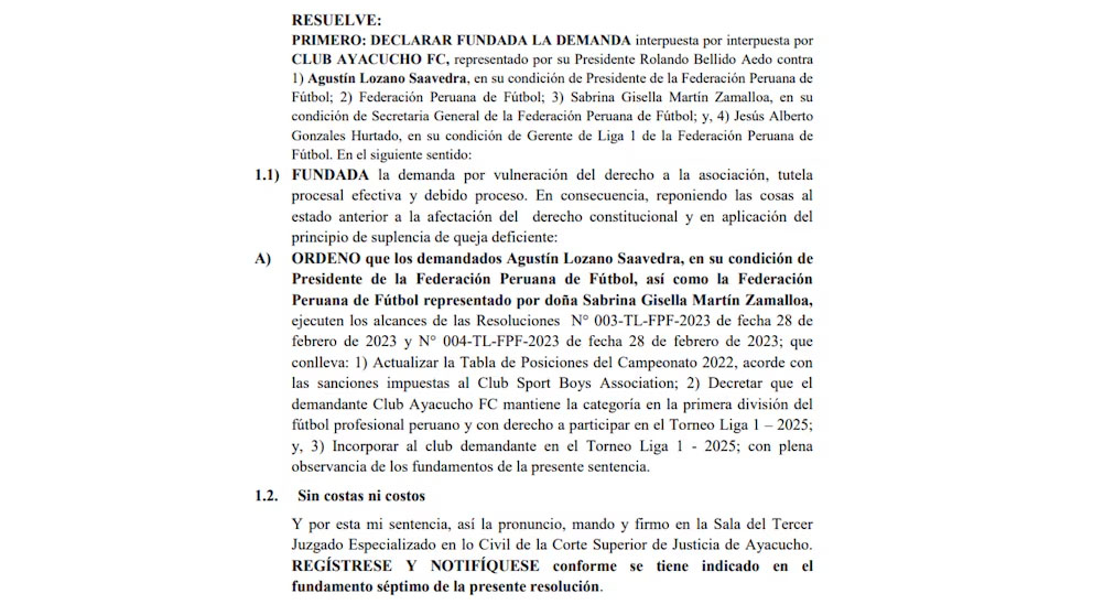 Poder Judicial declaró fundado pedido de Ayacucho FC ante la FPF.